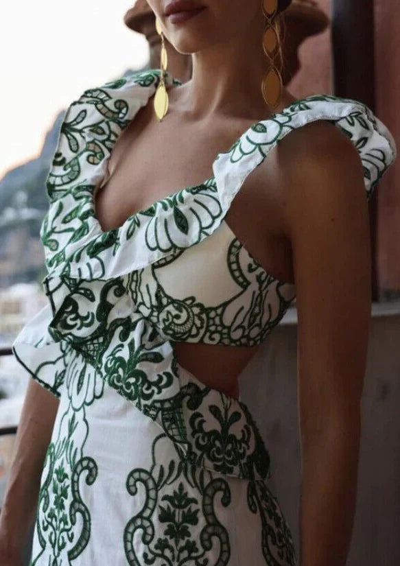 Vestido Maxi Eileen Algodão Bordado Decote V Profundo Costas Abertas Elegante Feminino